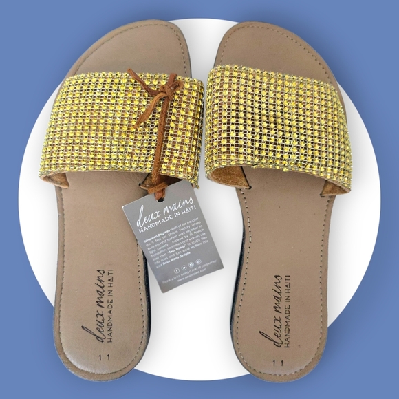 🆕 Boho Luxe Crystal Slides Deux Mains Handmade Haiti 100% Leather Eco Sandals - Picture 12 of 14